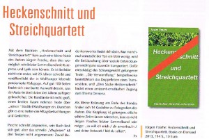 Rezension "Heckenschnitt + Streichquartett" im Kulturmagazin Febr. 2014